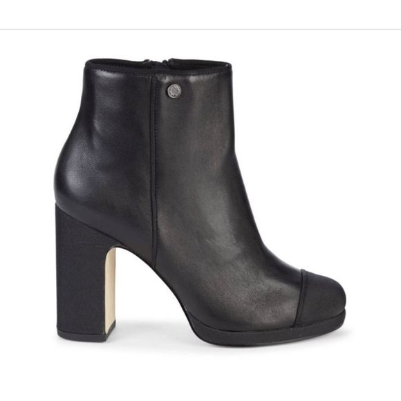 KARL LAGERFELD PARIS Lainey Block-Heel Leather Black Booties Size 9M, MSRP $180 - Picture 1 of 11